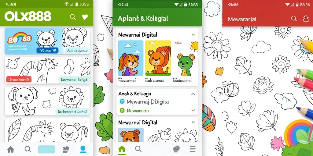Antarmuka OLX888 yang ramah anak dengan alat mewarnai interaktif.