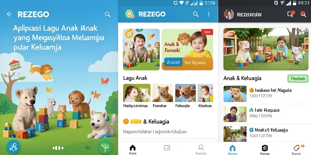 Tampilan antarmuka aplikasi REZEGO dengan lagu anak-anak yang menarik.